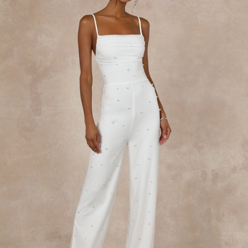 Lulus Unbelievably Divine White Mesh Pearl Lace-up Jumpsuit - Size XS
